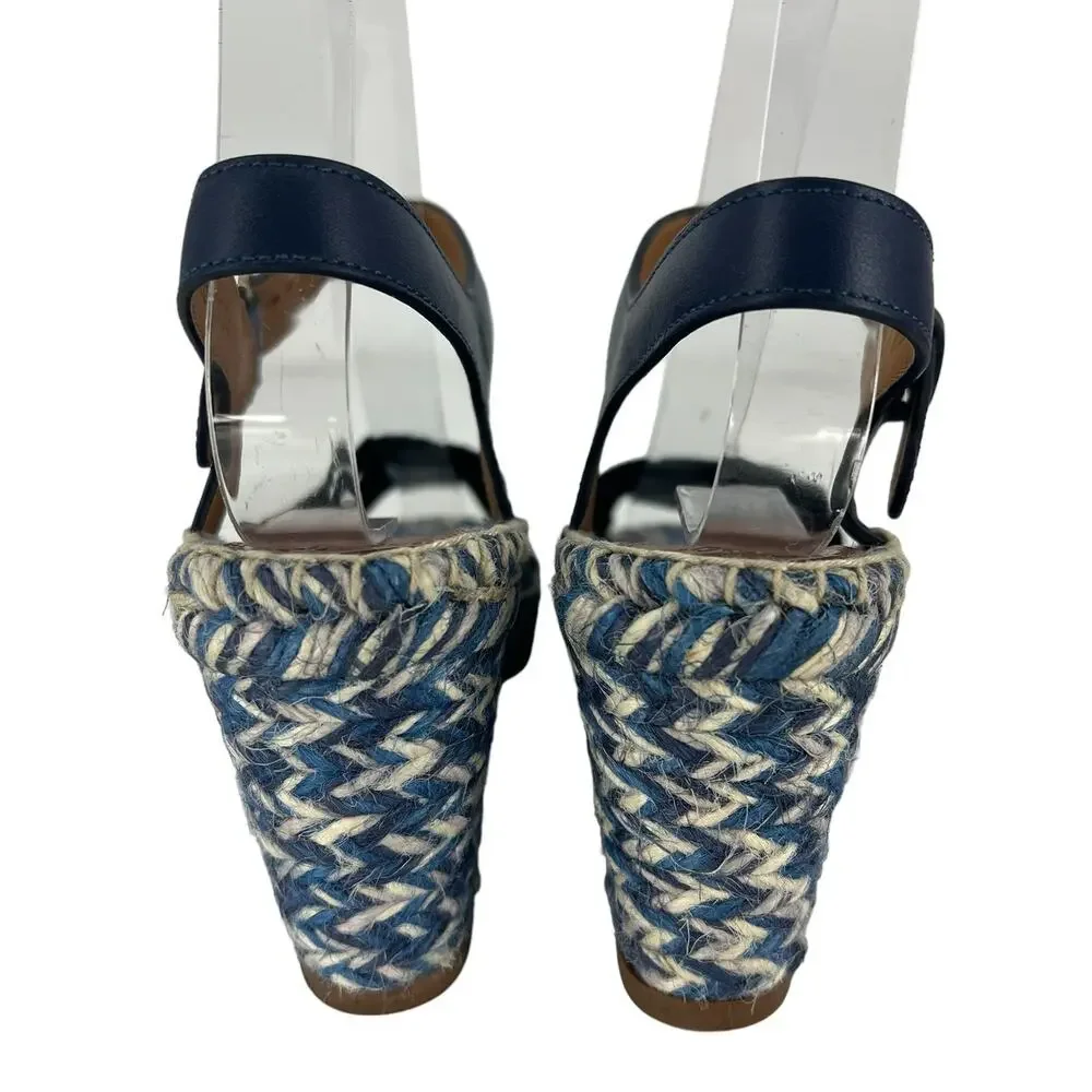 Chloe Piia Denim Logo‎ Espadrille Wedge Sandals with Leather Straps Size 36